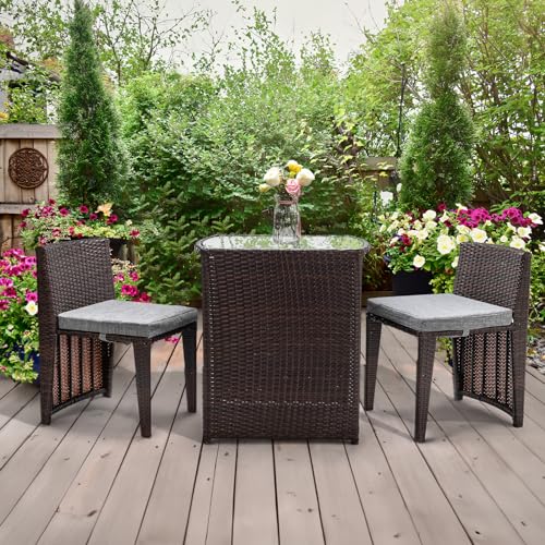 Bonnlo 3 PCS Wicker Outdoor Patio Bistro Set, Patio Furniture Set for Small Space with Glass Top Table Dining Chairs, Balcony Furniture Patio Table and Chairs Set of 2 for Garden Yard Porch Bonnlo