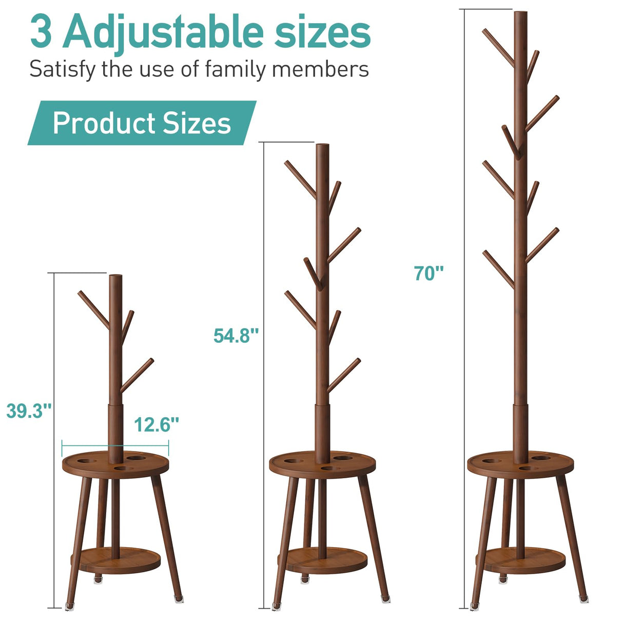 Vriccc Bamboo Wood Coat Rack, Coat Rack with Umbrella Holder, Adjustable Height Wooden Coat Stand with 8 Hooks, kids coat rack, Used In The Bedroom Living Room, Office To Hang Clothes, Hats, Bags Vriccc