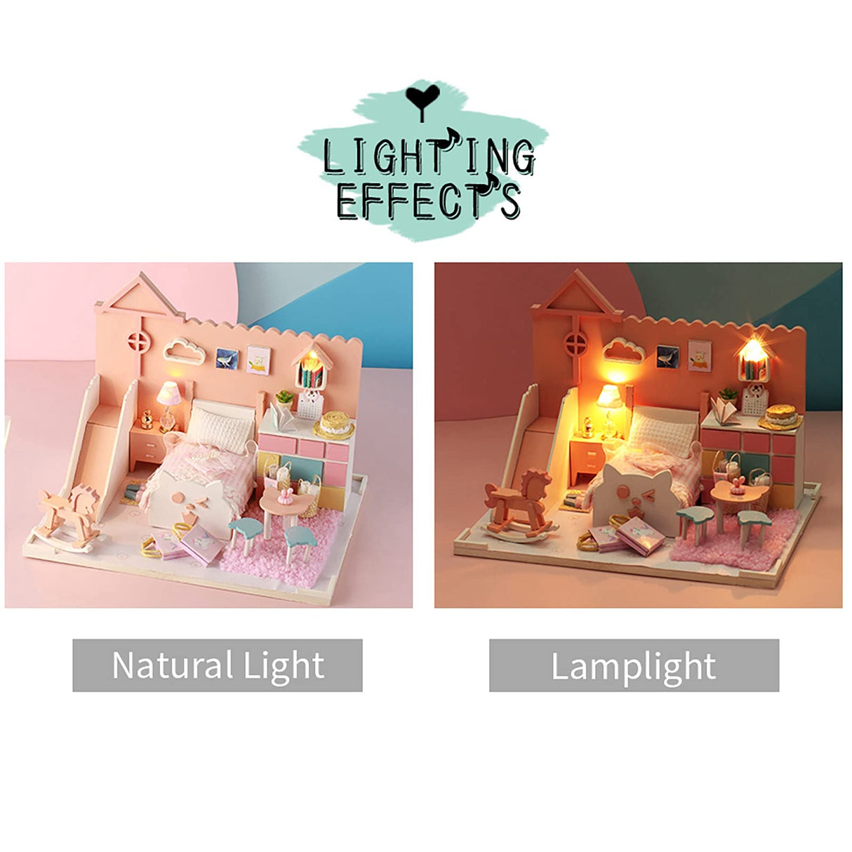 Wooden Dollhouse Kit Miniature Handicraft Assembly Model with LED Lights and Furniture Creative DIY Project for Teens and Adults 18x13.5x13.2cm Keenso
