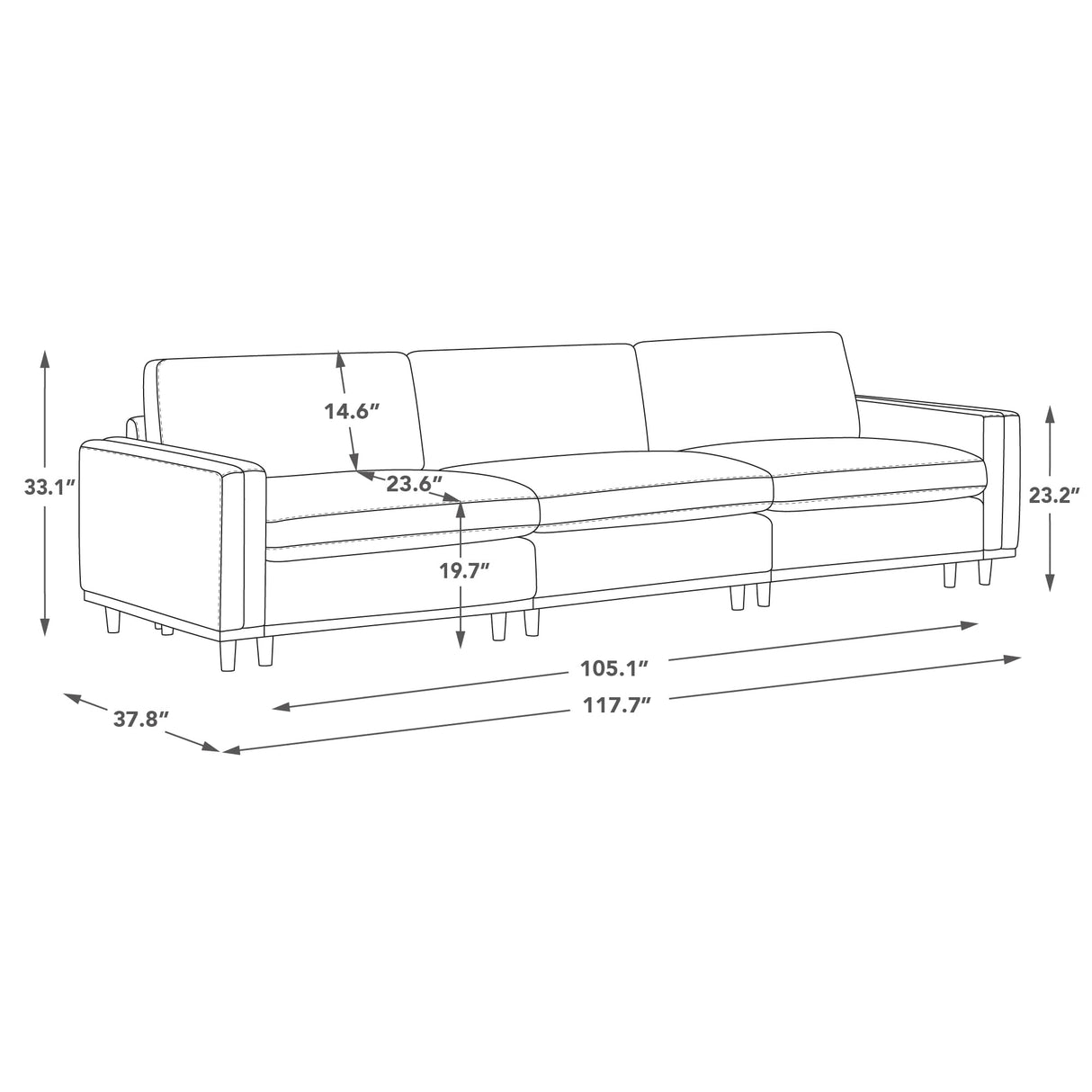 CHITA Super Large Luxury 3 Seat Sectional Modular Sofa, Down Filled Modern Sofa, Deep Seat Comfty Cloud Couch, 118 inch Width, 3 Seat Couch, Solid Wood Leg, Linen CHITA