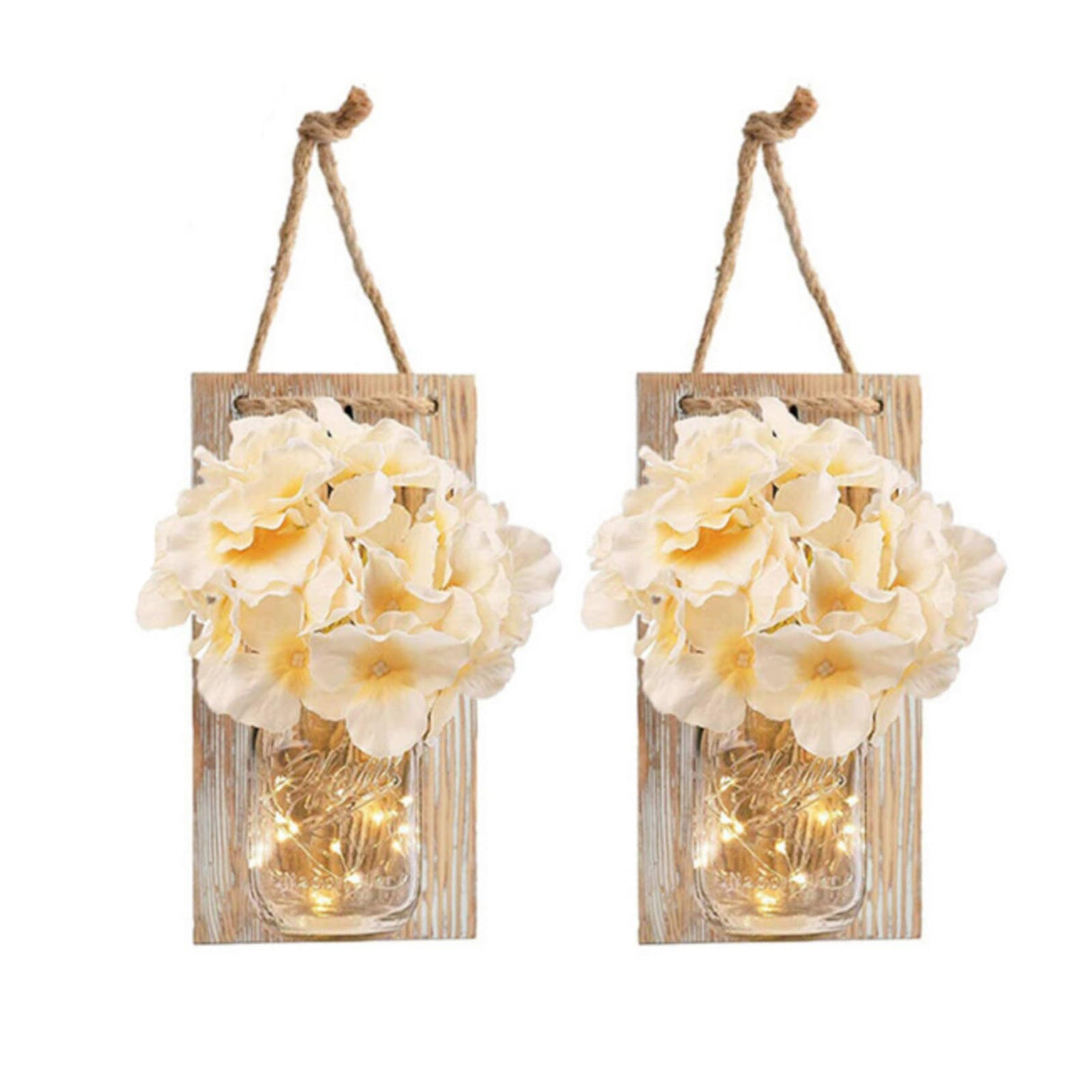 Rustic Mason Jar Wall Decor Sconces with LED Fairy Lights -Battery Cordless Wall Sconces, Farmhouse Wall Decor with Silk Flowers, Perfect for Bedroom, Kitchen, Bathroom, and Home Decor (Set of 2) Muasdae