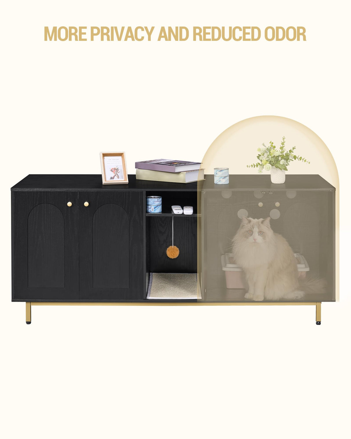 Hzuaneri Cat Litter Box Enclosure, Hidden Litter Box Furniture, Wooden Pet House Side End Table, Storage Cabinet Bench for Living Room, Bedroom, 55.2 x 20 x 23.9 inches, Black and Gold CB81504A Hzuaneri