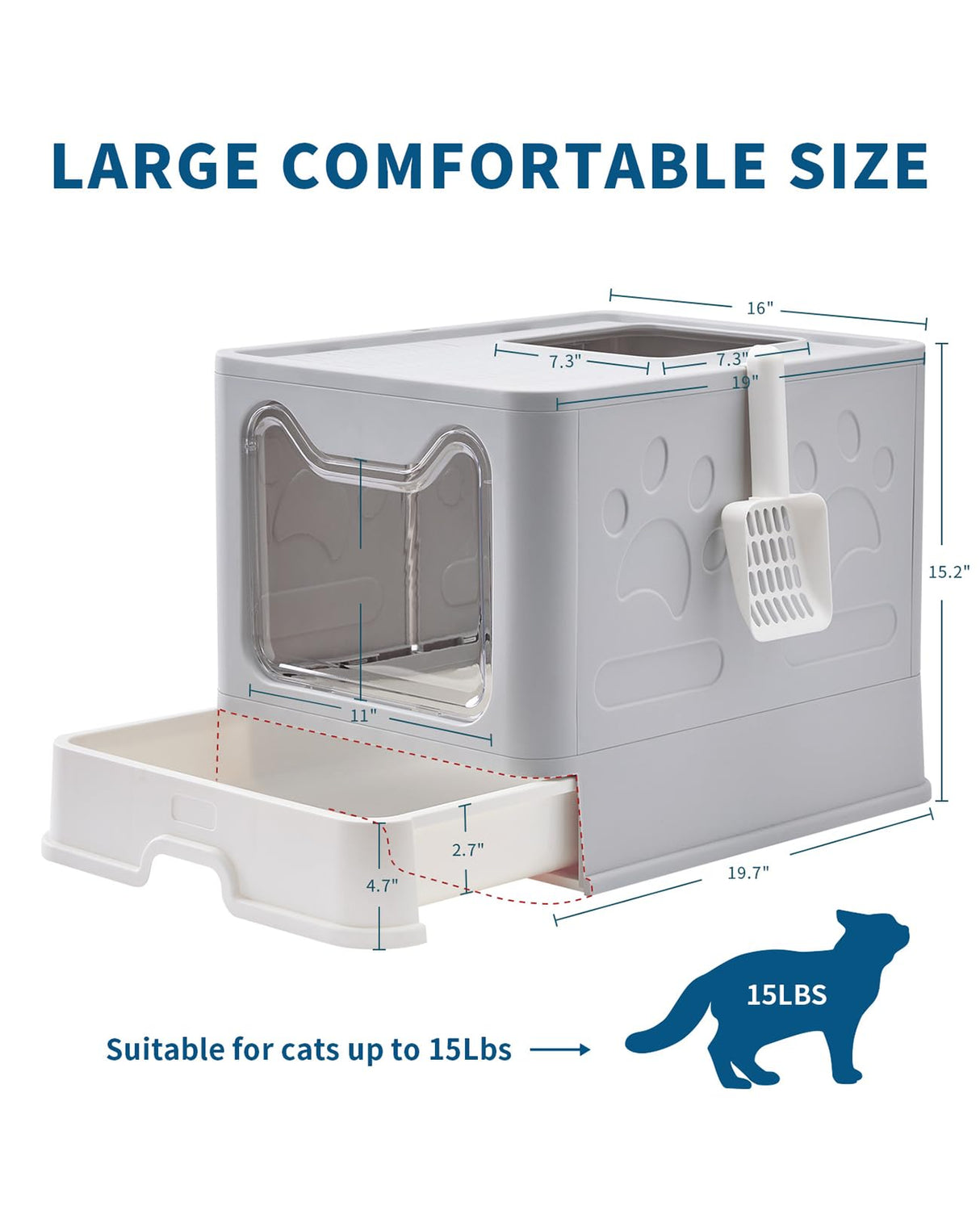 Medario Cat Litter Box with Litter Mat and Scoop, Large Foldable Litter Box with Lid, Front Entry Top Exit Kitty Box, Odor Control, Easy to Clean (Grey) Medario