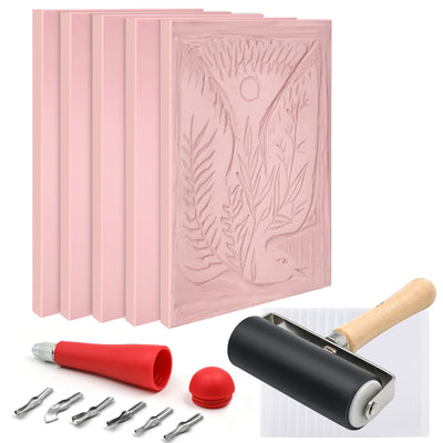 5 Pack 4x6 Pale Pink Rubber Stamp Carving Blocks Linoleum Block with Linoleum Cutter and Rubber Brayer Roller for Stamp Maker Printmaking Supplies