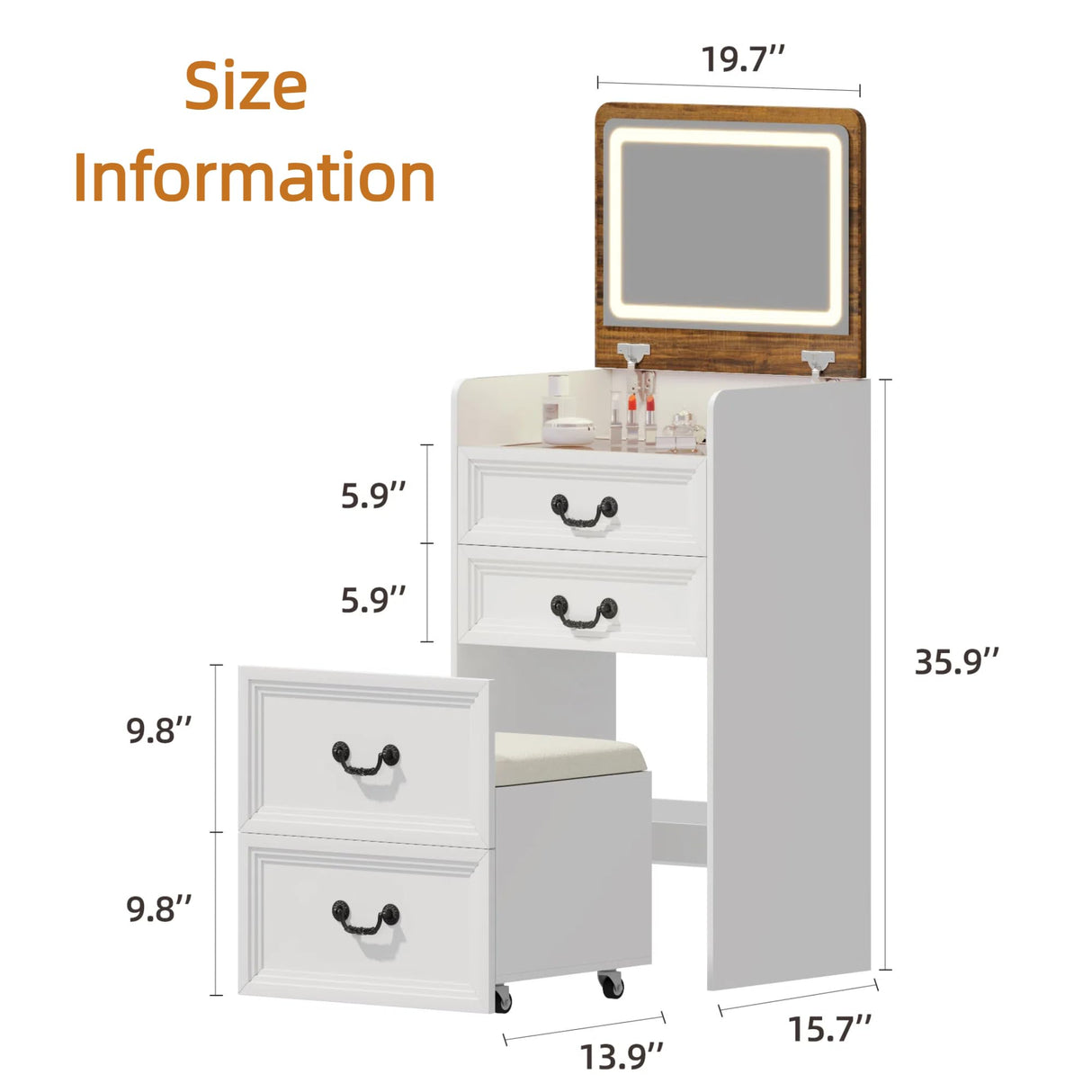 FONTOI Vanity Desk, 3 in 1 Vanity Desk with Hidden Chair, Farmhouse Vanity with Mirror and Lights, Small Makeup Vanity with Charging Station Storage Shelf for Bedroom, White & Brown FONTOI