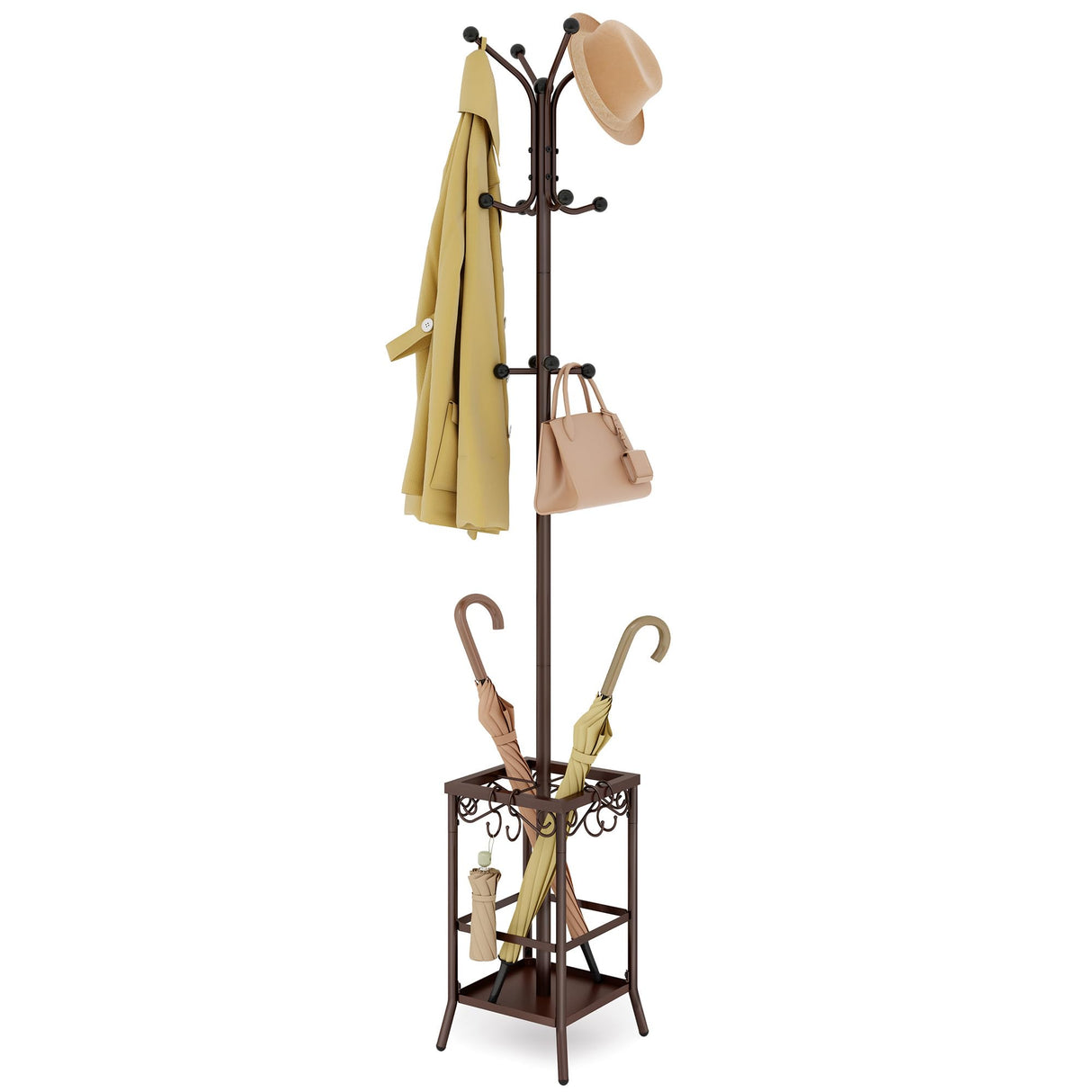 Hoctieon Coat Rack Freestanding, Coat Tree with Umbrella Holder, Metal Coat Rack Stand with 12 Hooks, Standing Coat Hanger Stand, Umbrella Stand for Entryway, Hat Rack Stand for Home Office, Brown Hoctieon