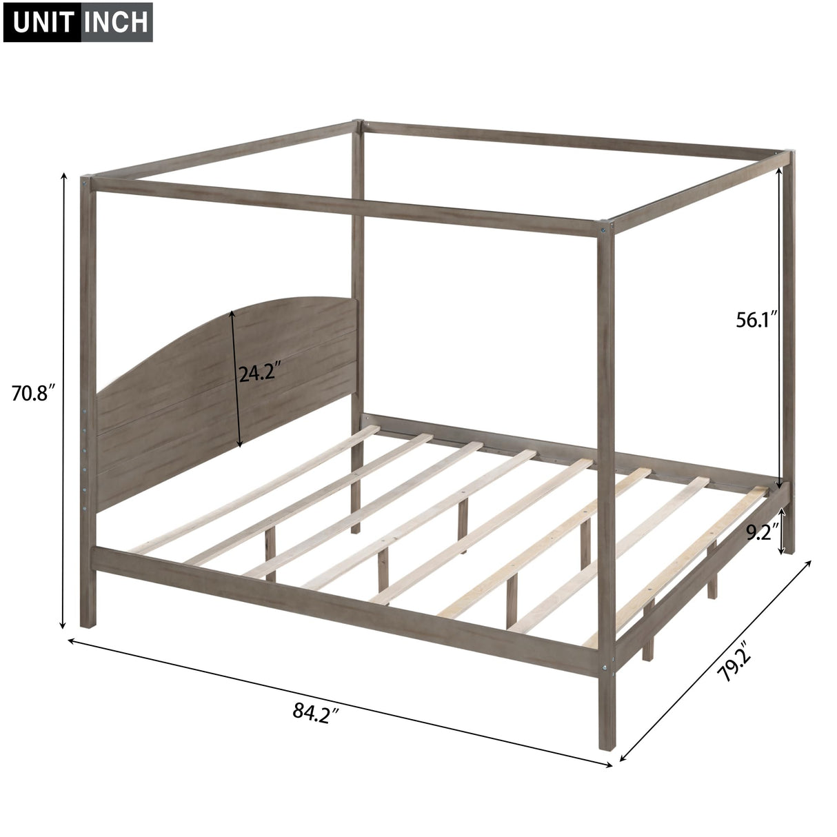 jurmiture King Size Canopy Bed with Support Legs, Solid Wood 4 Post Canopy Platform Bed Frame for Kids Teens Adults, No Box Spring Needed, Brown Wash jurmiture