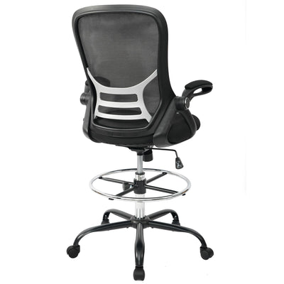 HYLONE Drafting Chair Tall Office Chair High-Back Mesh Standing Desk Stool with Adjustable Footrest Ring and Flip-Up Arms (Black)