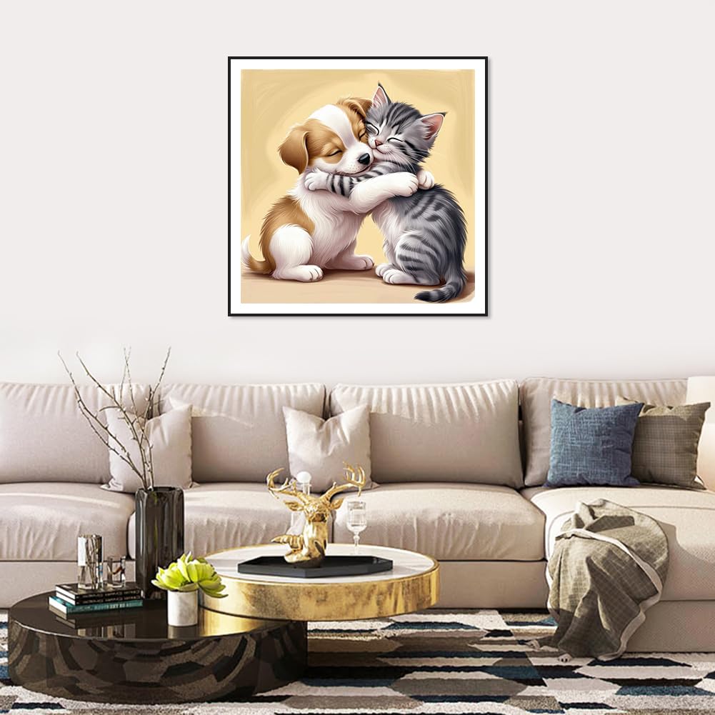SJUTOUCI Dog and Cat Diamond Painting Kits for Adults, Diamond Art Kits for Beginners, 5D Round Diamond Dots Gem Art Craft for Home Wall Decor 12x12 inch, Animals SJUTOUCI