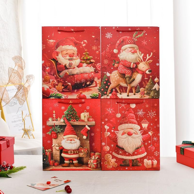 Rusikia 12 Christmas Gift Bags with 12 Tissues and 1 Satin Ribbon, Red Party Favor Bags Bulk with Handles, Glittery Cute Balls Father Christmas Paper Bag for Wrapping Holiday (Medium 10"x4"x12.6") Rusikia
