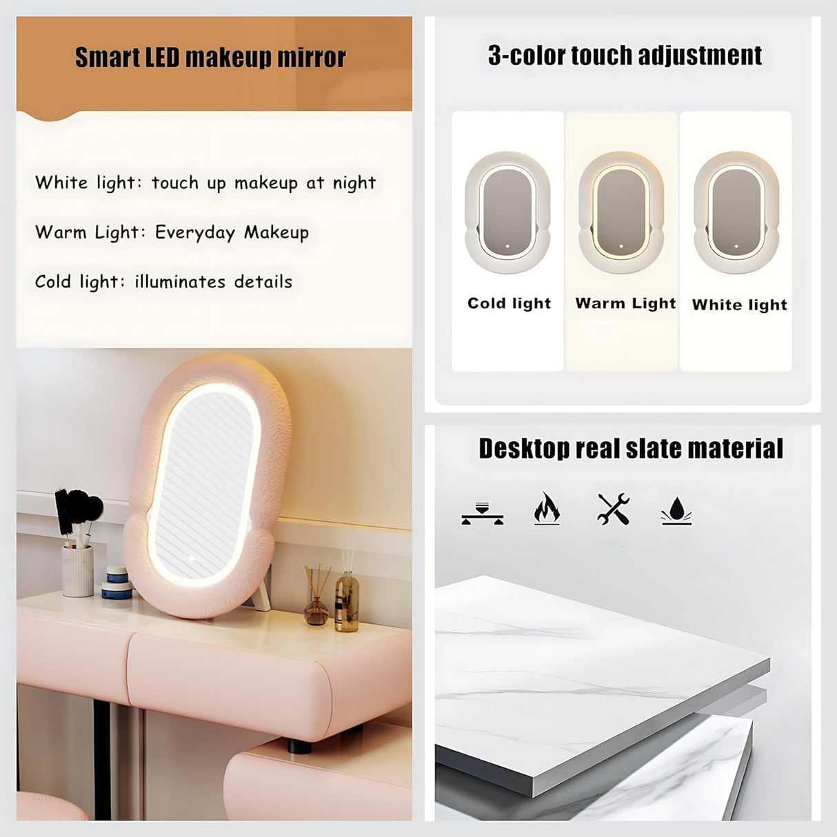 Pesnllov Vanity Set - Makeup Vanity Desk with Drawer & LED Makeup Mirror, Elegant Solid Wood Bedroom Vanity Table, Including Chair. (A-White, 47") Pesnllov