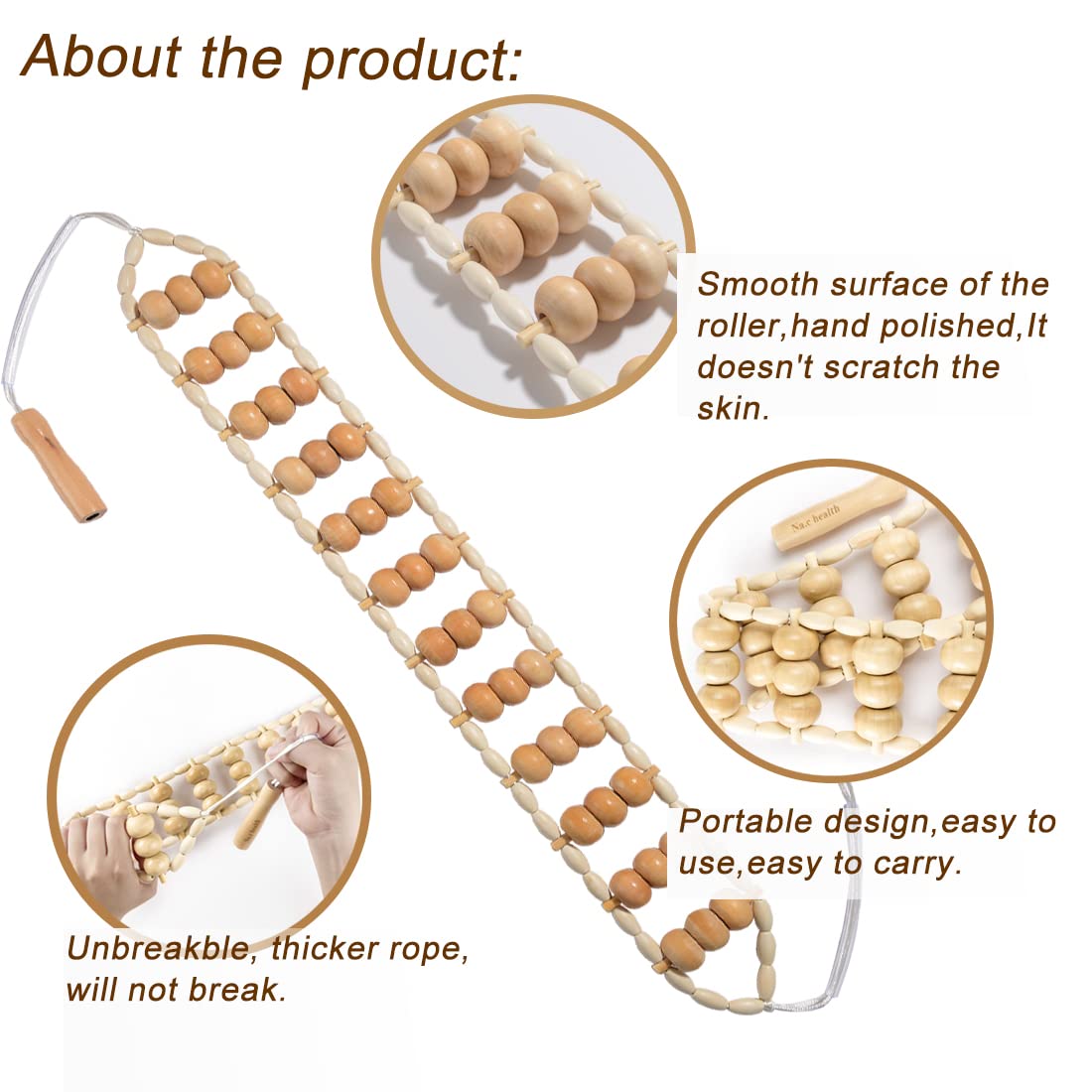 Wood Back Massage Roller Rope, Wood Therapy Cellulite Self Massage Tools for Back Neck Leg Pain Relief Na.c health