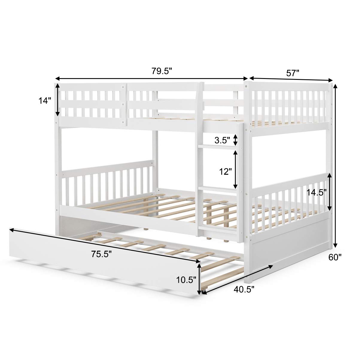 KOMFOTT Wood Full Over Full Bunk Bed with Trundle, Bunk Bed Frame with Ladder, Solid Wood Frame & Safety Guardrails, Space-Saving Bunk Bed for Teens & Adults, No Box Spring Needed KOMFOTT