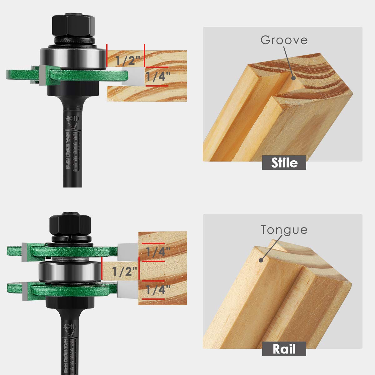 KOWOOD Pro Tongue and Groove Set of 2 Pieces 1/4 Inch Shank Router Bit Set 3 Teeth Adjustable T Shape Wood Milling Cutter KOWOOD