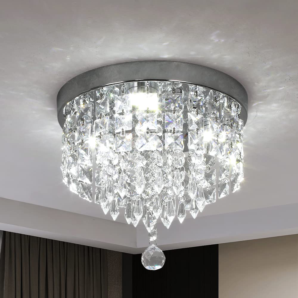 Deckrico Crystal Chandelier Modern Led Ceiling Light Flush Mount Stainless Steel Fixture Beaded Light Shade for Bedroom Dining Room Hallway Porch (White Light) Deckrico