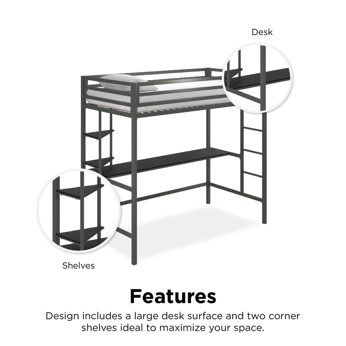 Novogratz Maxwell Grey Metal Twin Loft Bed with Integrated Desk & Shelves Novogratz