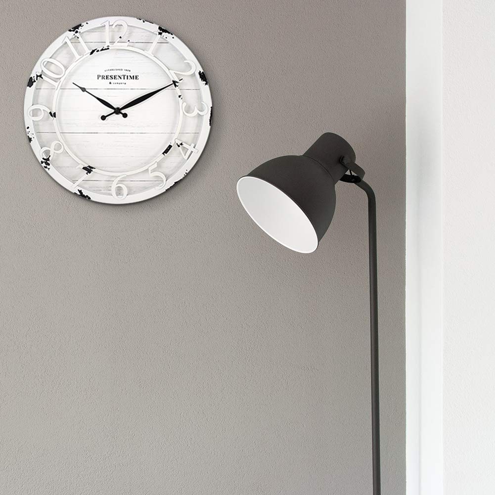 Presentime & Co 13" Farmhouse Series Wall Clock, Quartz Movement, Shiplap Style, Raised 3D Arabic Numeral, Antique Distressed White Presentime