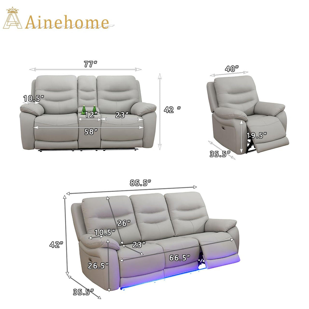 A Ainehome LED Power Recliner Sofa for Living Room Furniture Set, Leather Sectional Sofa Set, Reclining Sofa and loveseat with USB Port/Storage Console/Cup Holders(Grey 3-Piece Set) A Ainehome