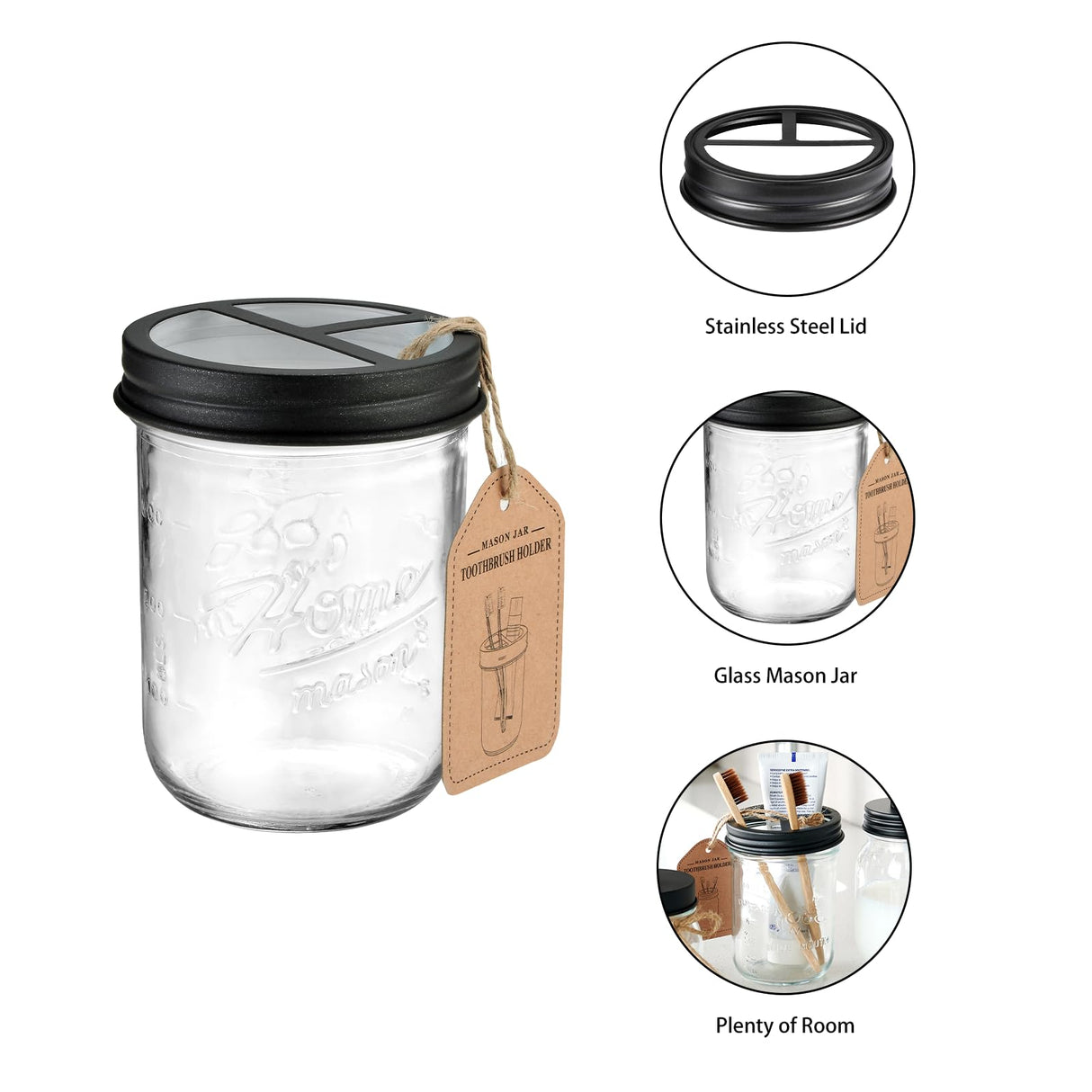 SheeChung Mason Jar Bathroom Accessories Set, 2Pcs Glass Bathroom Accessory Set, Soap Dispenser, Toothbrush Holder, Bathroom Decor, Rustic Farmhouse Decor - Black SheeChung