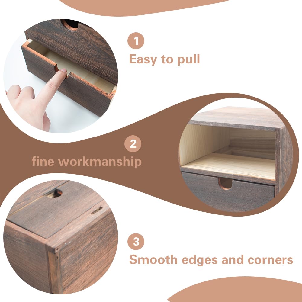 2-Drawer Desk Organizer Rustic Wooden Drawer Organizer for Storing Small Items Wood Countertop Drawer Organizers Storage Drawers for Desk Heavy Carbonization Farmhouse Storage Box (7 x 7in) KeaJuidy