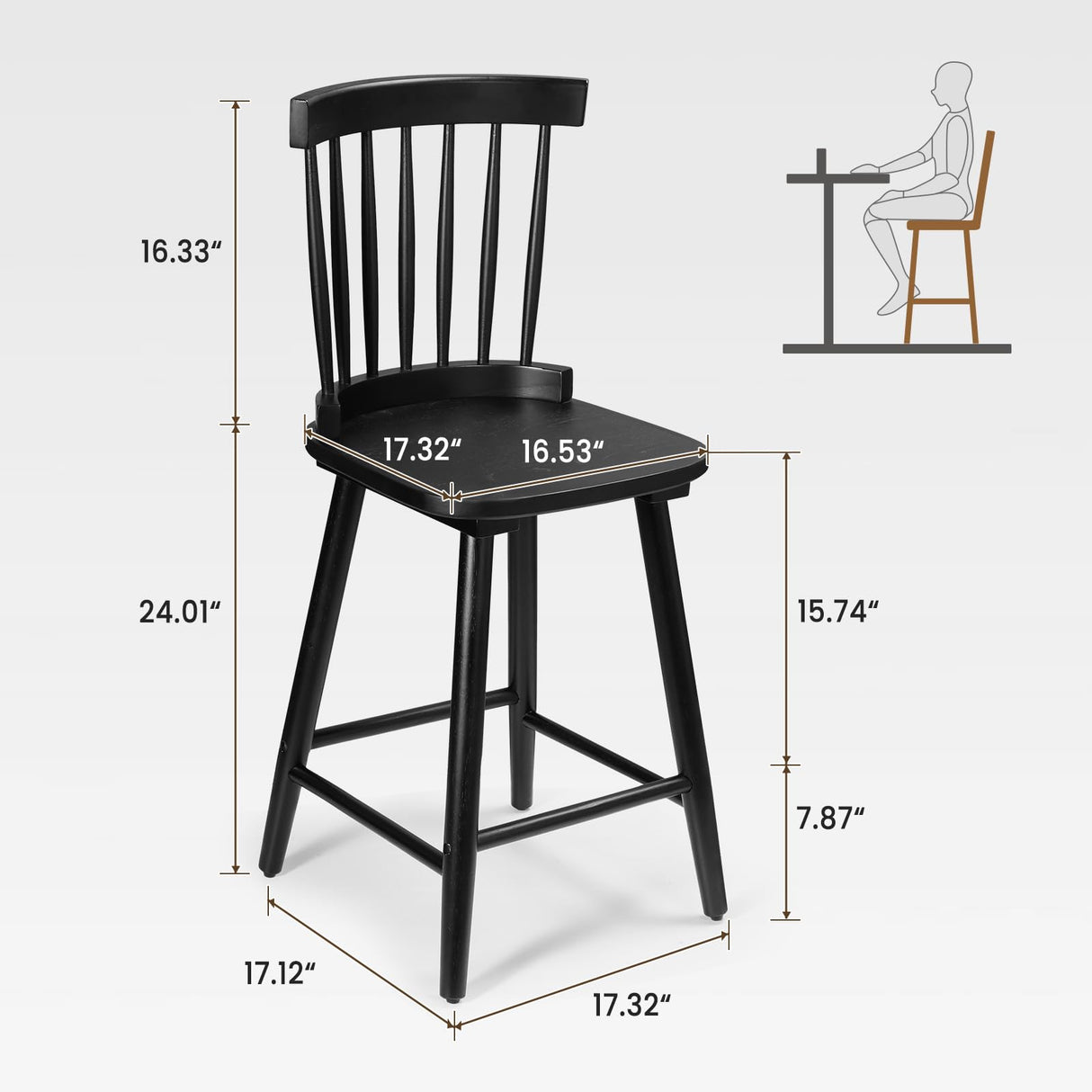 Unovivy 24" Windsor Wooden Bar Stools Set of 4, Farmhouse Counter Height Barstool with Spindle Back, Widen Seat, Modern Mid-Century Country Style, for Kitchen Island Dining Room, Black Unovivy