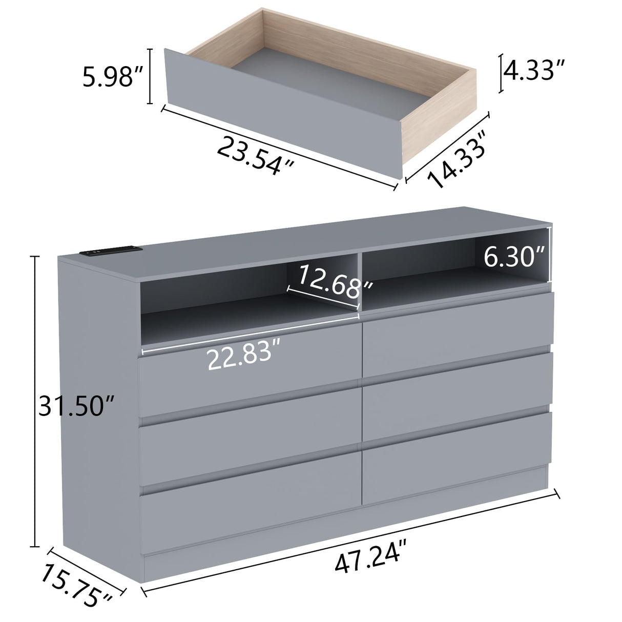 Gyfimoie 6 Drawers Dresser with Power Outlet, Accent Chests of Drawers with LED Light, Modern Storage Dresser for Bedroom, Living Room Gyfimoie