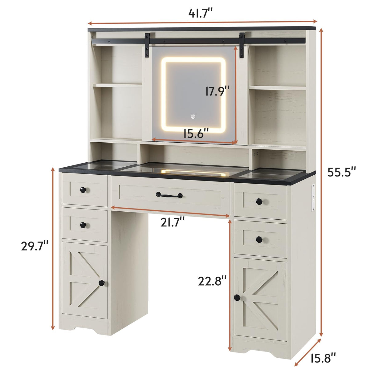 BTHFST Farmhouse Vanity Desk with Sliding Mirror and Lights, Large Makeup Vanity with Glass Top & Charging Station, Vanity Table with 5 Drawers & Shelves & Cabinets, Antique White BTHFST