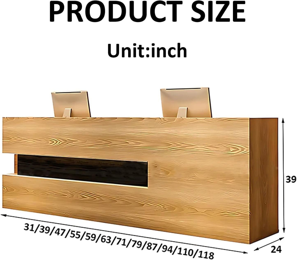 Modern Reception Desk with Counter – Durable Scratch-Resistant Surface, Solid Wood Legs, Spacious Storage, Sleek Contemporary Front Desk Reception Counter for Office or Lobby(Brown wood grain,Right-78 CHMAIDEU