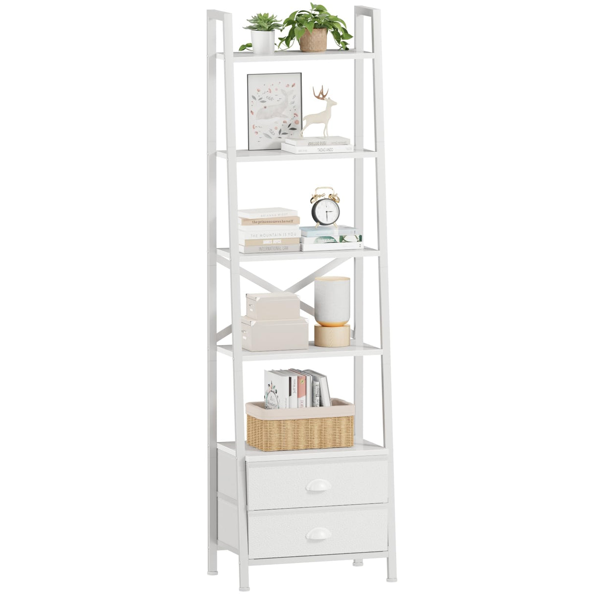 Furologee 5-Tier Ladder Shelf with 2 Drawers,Narrow Bookshelf Storage Shelves,Industrial Bookcase Freestanding Shelf Units for Bedroom,Living Room,Bathroom,Home Office,Balcony,Wood Metal, White Furologee