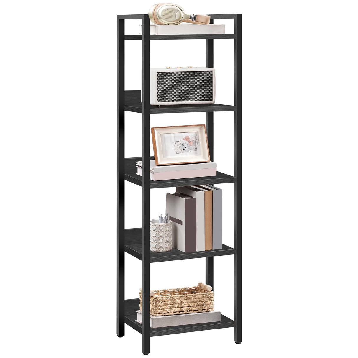 MAHANCRIS 5-Tier Bookshelf, Bookcase, Shelves Organizer for Small Spaces, Storage Shelf Organizer, for Living Room, Bedroom, Study, Balcony, Black BKHB5501 MAHANCRIS
