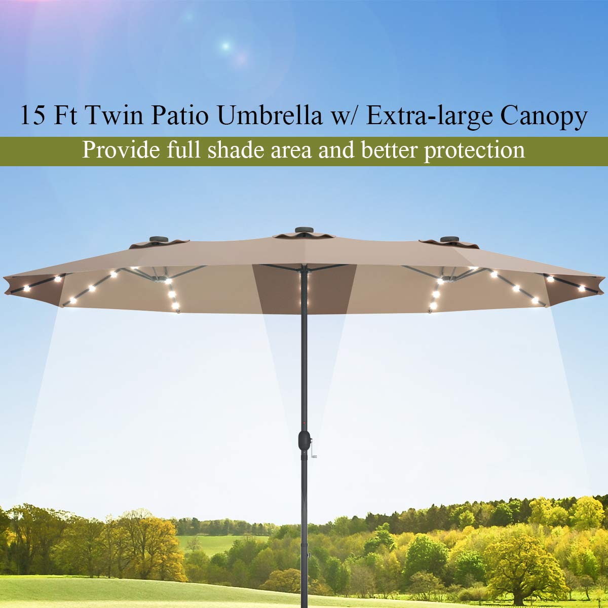 Tangkula 15 Ft Solar LED Patio Double-Sided Umbrella with Base, Outdoor Twin Umbrella, Extra Large Umbrella w/ 36 Solar Powered Lights & Crank System for Garden, Deck, Poolside, Patio (Tan) Tangkula