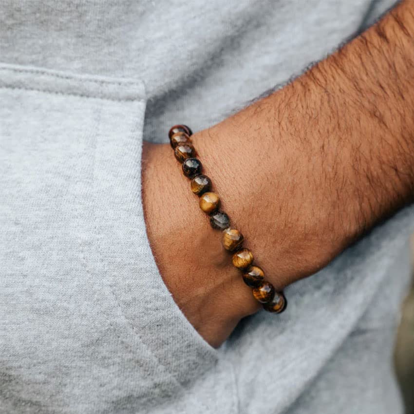 RANKEEF Tiger Eye Bracelet For Men 8MM Natural Stone Beads Bracelet Set Stretch Lava Rock Bracelets Adjustable Black Crystal Beaded Bracelet for Men Women Gifts RANKEEF