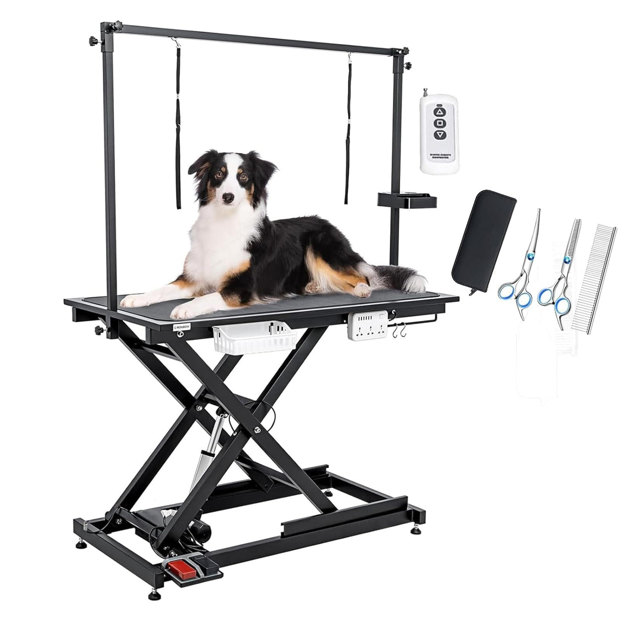 CIRONBOW 50'' Electric Dog Grooming Table, Adjustable X Lift Heavy Duty Dog Grooming Table for Large Dogs with Anti-Skid Tabletop & Grooming Scissors & Wireless Remote &Tool Organizer & Arms, Black CIRONBOW