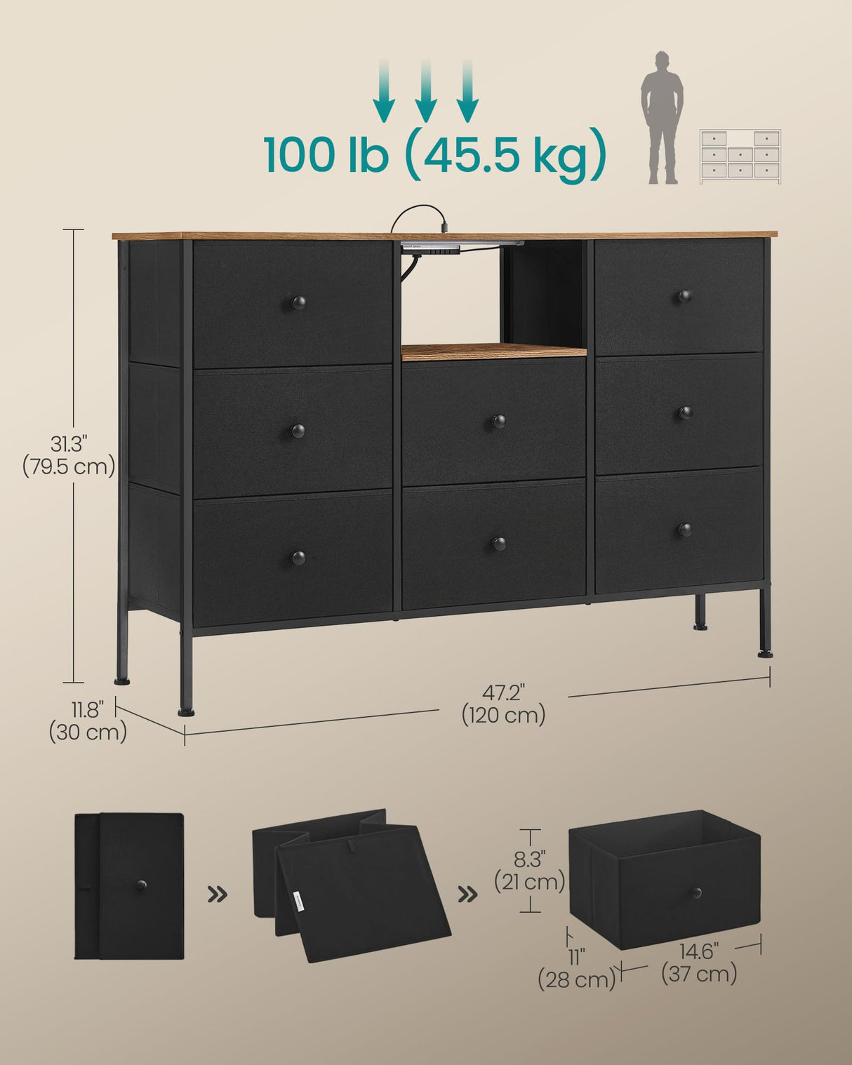 SONGMICS Dresser with Power Outlets and LED Lights, Fabric Chest of Drawers, 25 Colors, 8 Drawers, TV Stand for up to 60 Inch TVs, 11.8 x 47.2 x 31.3 Inches, Ink Black and Rustic Brown ULTS518B01 SONGMICS