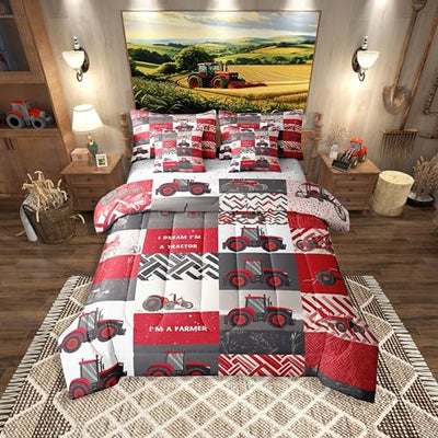 Erosebridal 7 Pcs Kids Tractor Bedding Sets Red Cartoon Tractor Quilt with Flat Fitted Sheet Twin Farm Vehicle Truck Bed in A Bag Equipment Construction Comforter Set Geometric Plaid Decor