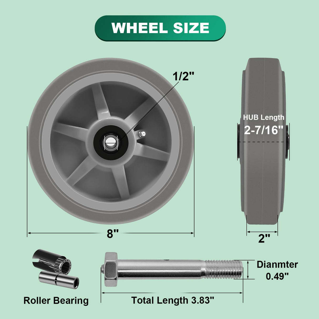8 Inch Caster Wheels- Heavy Duty Casters, Rubber Wheels with up to 900LB Capacity Per Wheel for Hotel, Hospital and School Carts (2 Pack) Handsammu