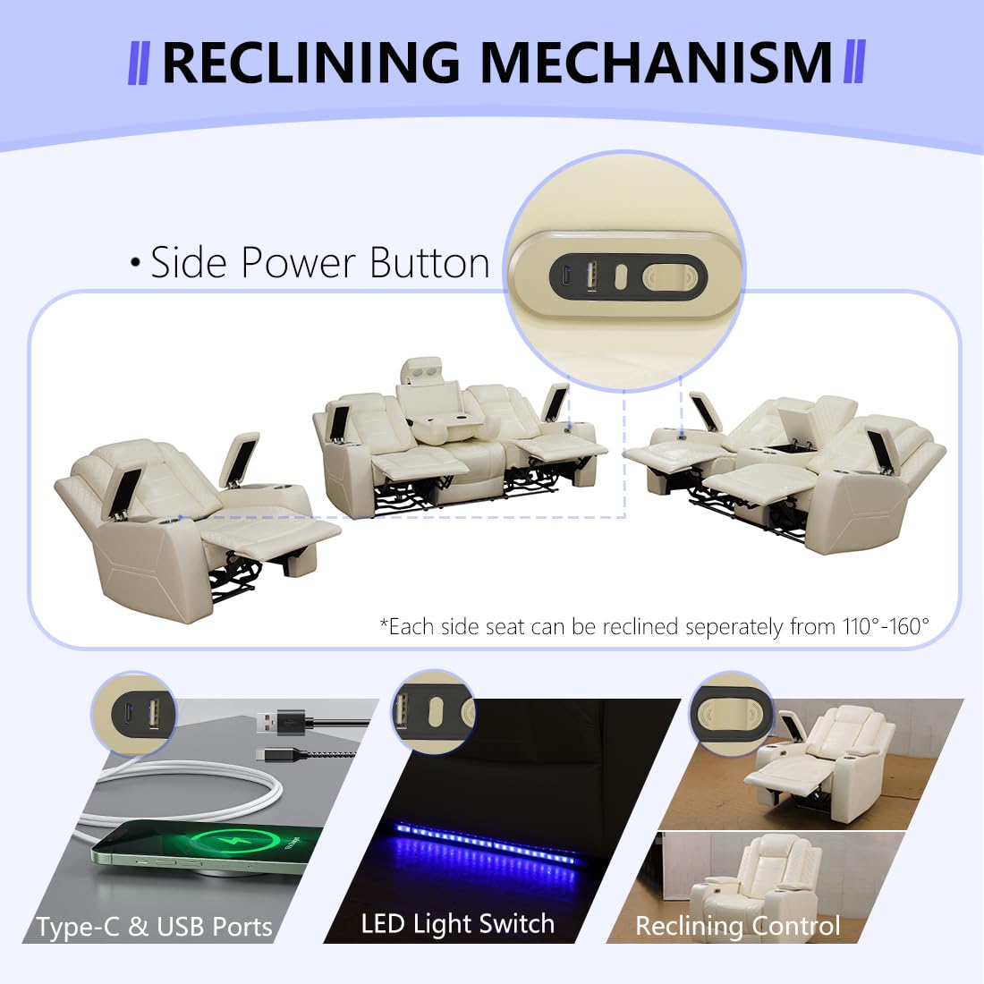 Anthato Power Recliner Sofa Set, Living Room Furniture Sets, Cream White Leather Reclining Sofa Set, Recliner Couch Loveseat and Chair with Storage/Cup Holders/Charging Port for Home Theater/Office Anthato