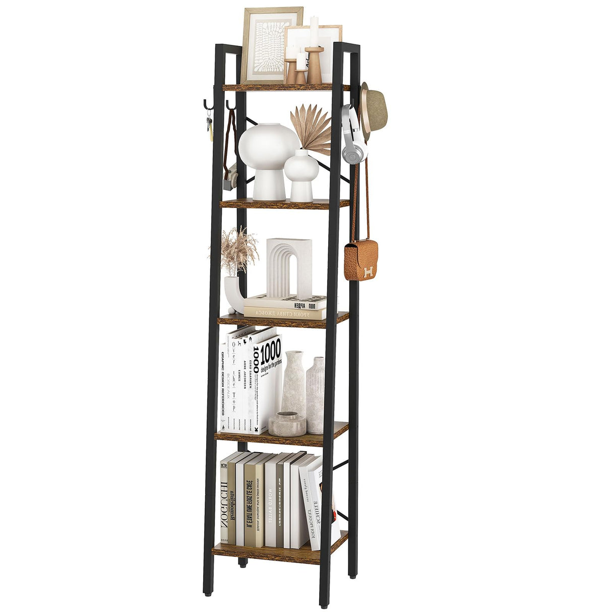 YMYNY 5 Tiers Ladder Bookcase, Industrial Narrow Bookshelf, Open Display Rack with 4 S Hooks, Metal Storage Shelves for Bedroom, Home Office, Living Room, Rustic Brown, 63H*13.4L*11.8W, UHBC025H