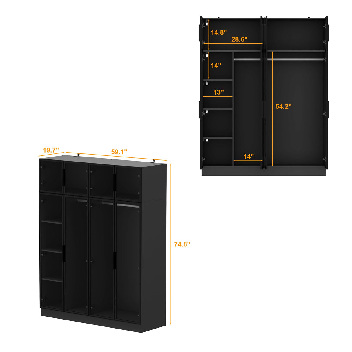 Hitow Wardrobe Cabinet with LED Light Strips, Modern Armoire Closet with Glass Doors, 59.1" W Large Bedroom Armoire Clothes Organizer with Shelve & Hanging Rods, Modern Glass Display Cabinet, Black Hitow