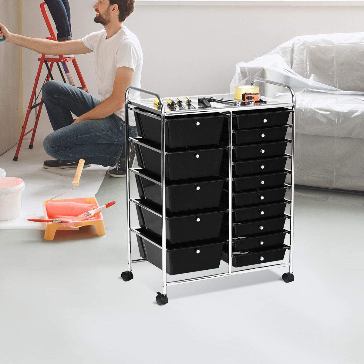 15 Drawer Rolling Storage Cart, Mobile Utility Cart with Lockable Wheels, Drawers, Multipurpose Organizer Cart for Home, Office, School, Black COSTWAY