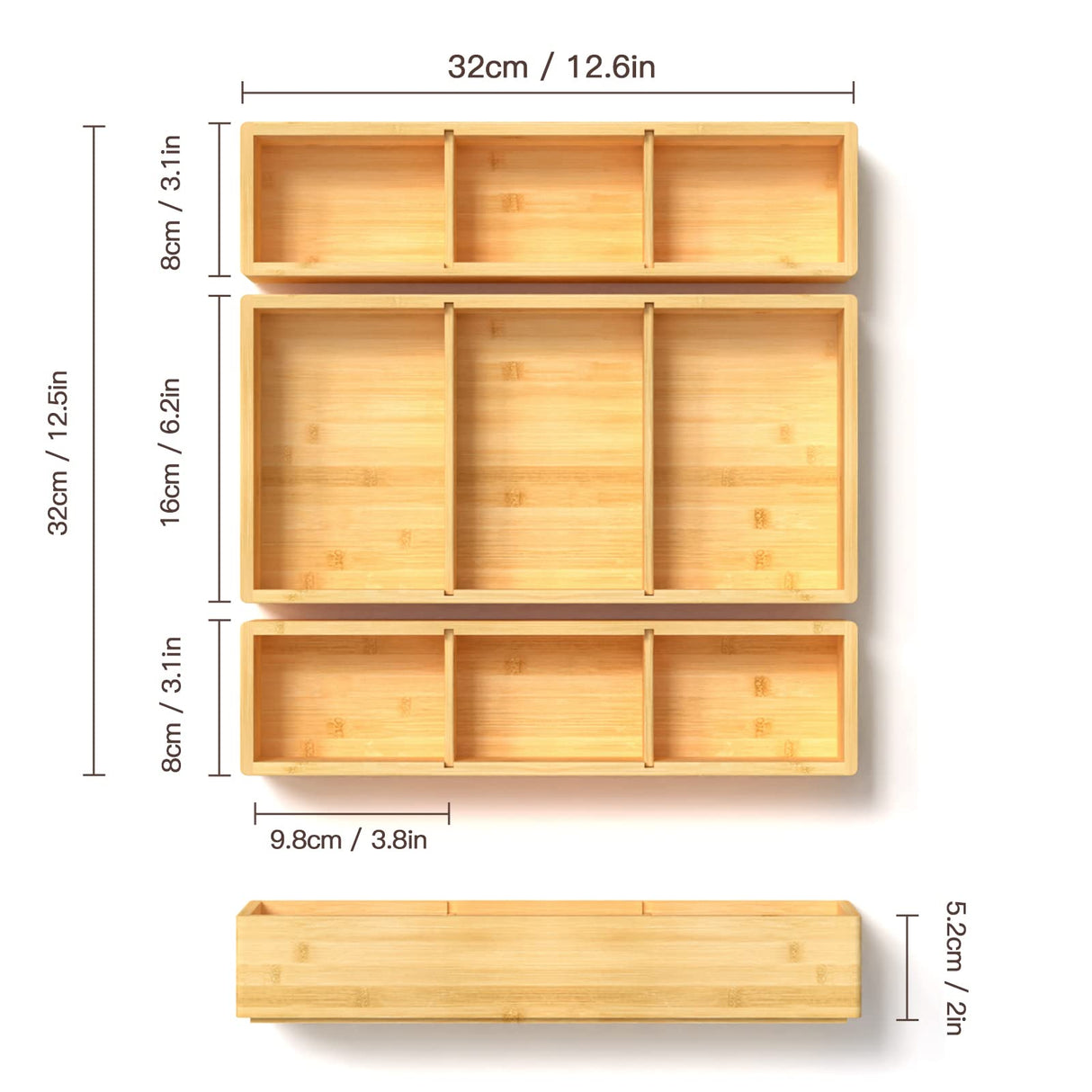 Bamboo Drawer Organizer 12.5'' X 12.5'' X 2'', Adjustable 3 Individual Junk Drawer organizer for Bathroom and Kitchen, Wood Drawer Organier Boxes for Jewellery, Make up and Tea Bag DUJEN