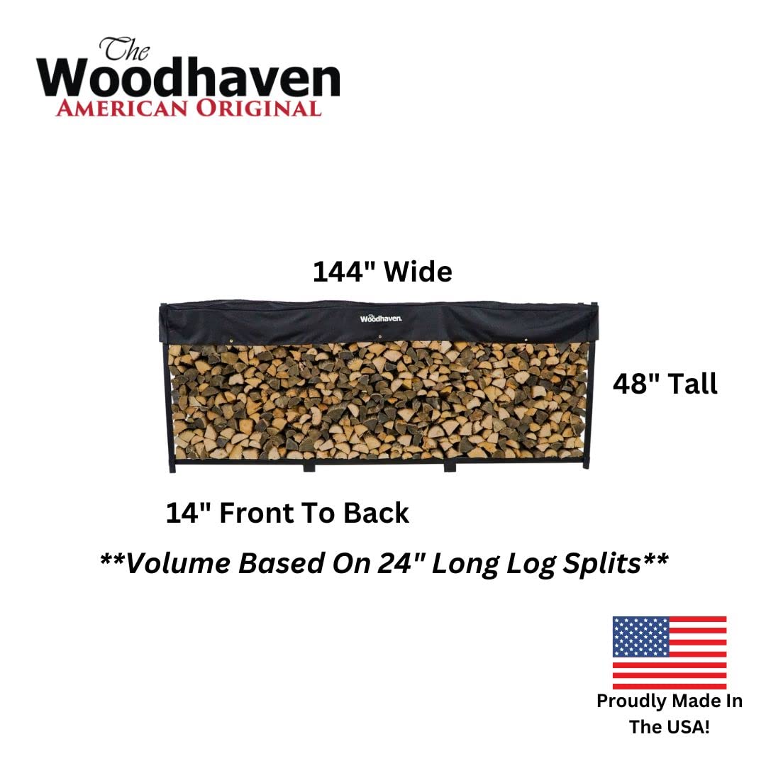Woodhaven 12 Foot 3/4 Cord Black Outdoor Wood Rack With Optional Seasoning Cover - Heavy Duty Metal Log Rack For Storing Wood - Black Powder Coat Finish (Cover) Woodhaven