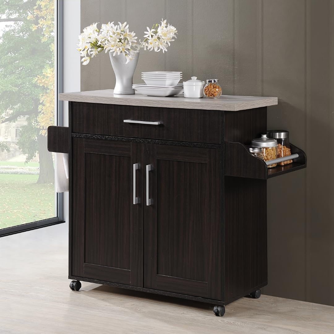 Hodedah Rolling Wood Kitchen Island Cart with Spice Rack, Towel Rack, Utensil Drawer plus Cabinet, White with Beech Top Hodedah