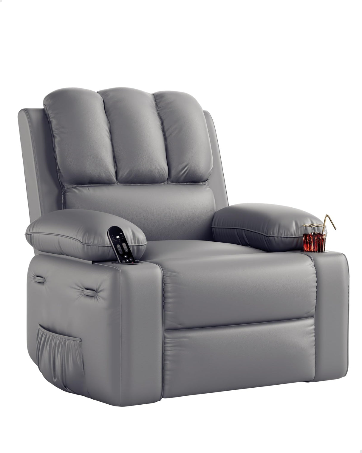 22 in Leather Recliner Chair for Adults, Overstuffed Manual Recliner Chair, Single Sofa with Cup Holder and Side Pockets, Upholstered Chair for Living Rooms, Gray GarveeHome