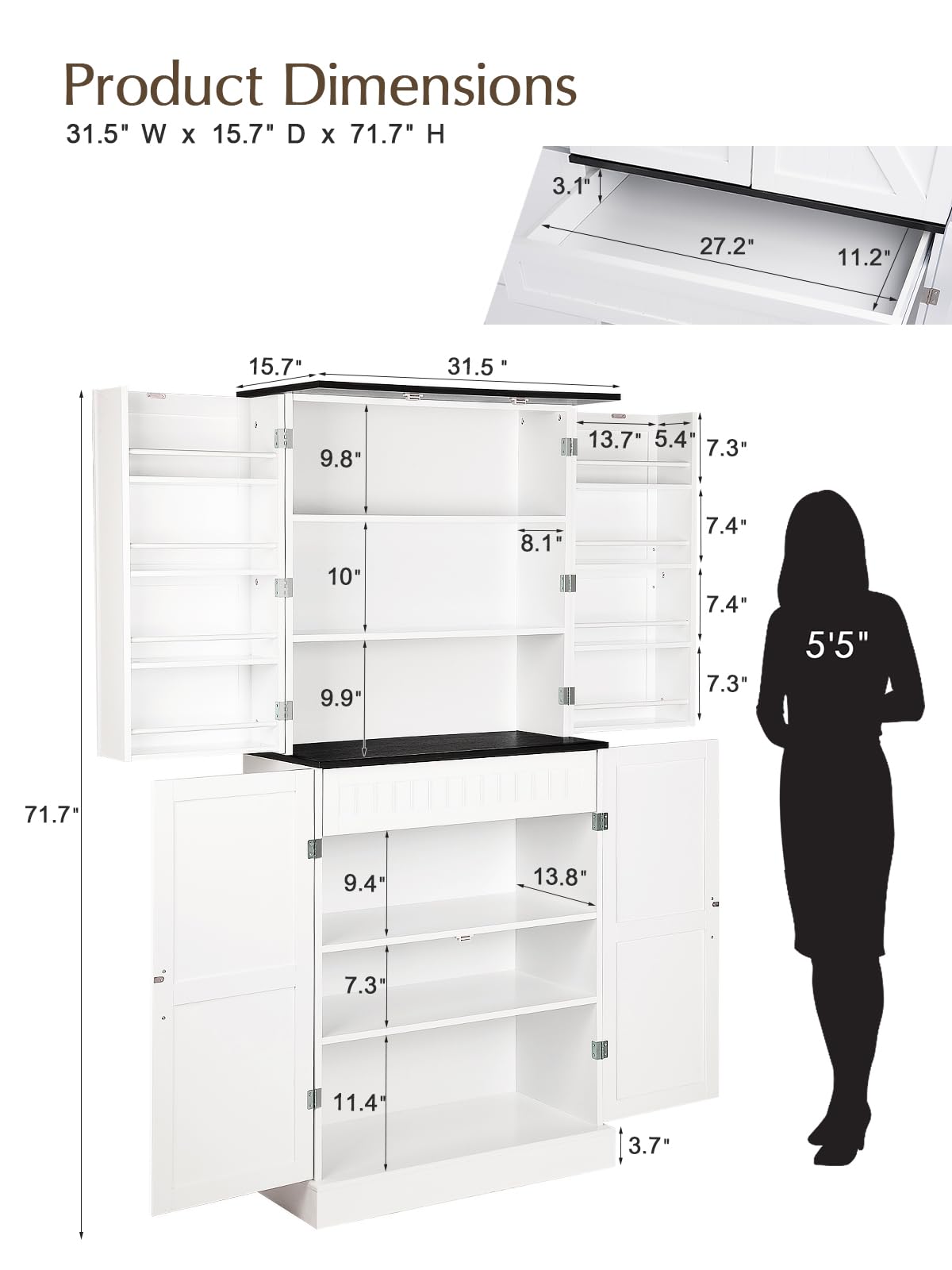 OtterOasis 72" Tall Pantry Cabinet, 31.5" W Larger Farmhouse Kitchen Pantry Cabinet with Barn Doors, Hidden Drawer and 4 Shelves, Wood Versatile Storage Cabinet for Kitchen, Dining Room, Living Room OtterOasis