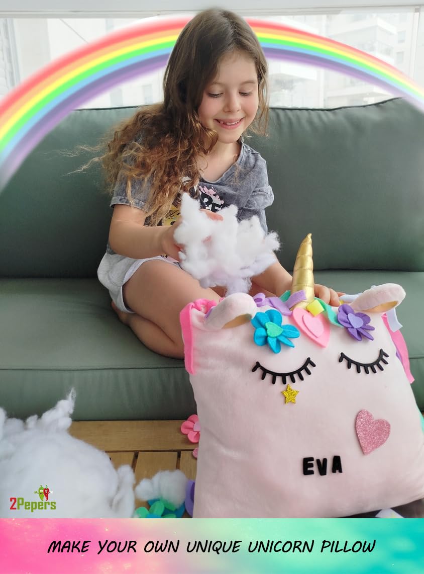 2Pepers Unicorn Pillow Kit Arts and Crafts for Girls 3 4 5 6 7 8 9 10 11 12 Years Old (No Sew), DIY Unicorn Craft Supplies Plush Toy Stuffed Pillow, Best Kids Easter Present for Little Girls 2Pepers