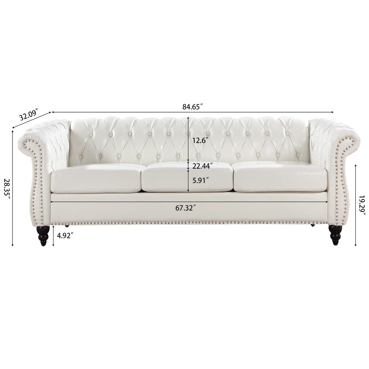 Ball & Cast 84" Chesterfield Leather Sofa with Channel Tufted Seat Back,Classic 3 Seater Couch w/Roll Arm Nailhead Trim and Upholstered,Mid Century Furniture for Living Room,Bedroom,Office,White PU Ball & Cast