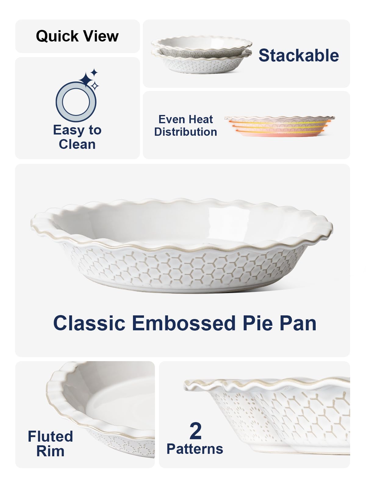 LE TAUCI Pie Pans for Baking 9 Inch, Ceramic Pie Plate for Apple Pie, Round Baking Dish Oven Safe, Embossment Housewarming Wedding Present - 36 OZ, Set of 2, Fireworks + Honey Comb, Arctic White LE TAUCI