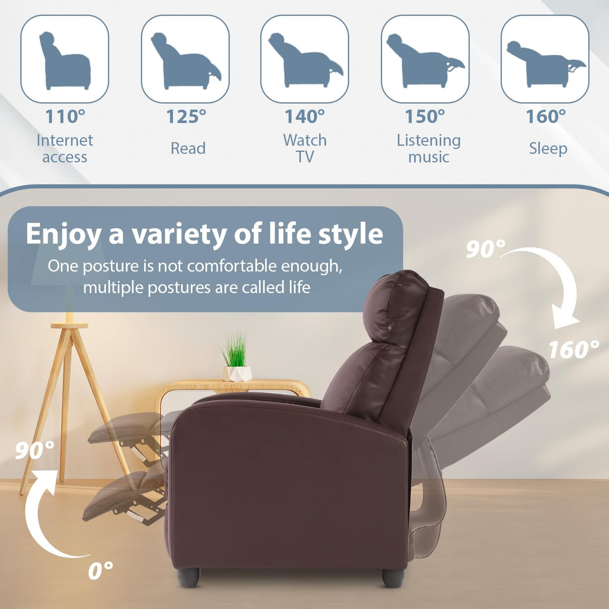 Ruesleag Massage Recliner Chair Recliner Sofa Modern Reclining Chair w/Footrest Backrest Breathable Padded Single Sofa Home Theater Seating Reclining Easy Lounge for Living Room Bedroom,Brown Ruesleag