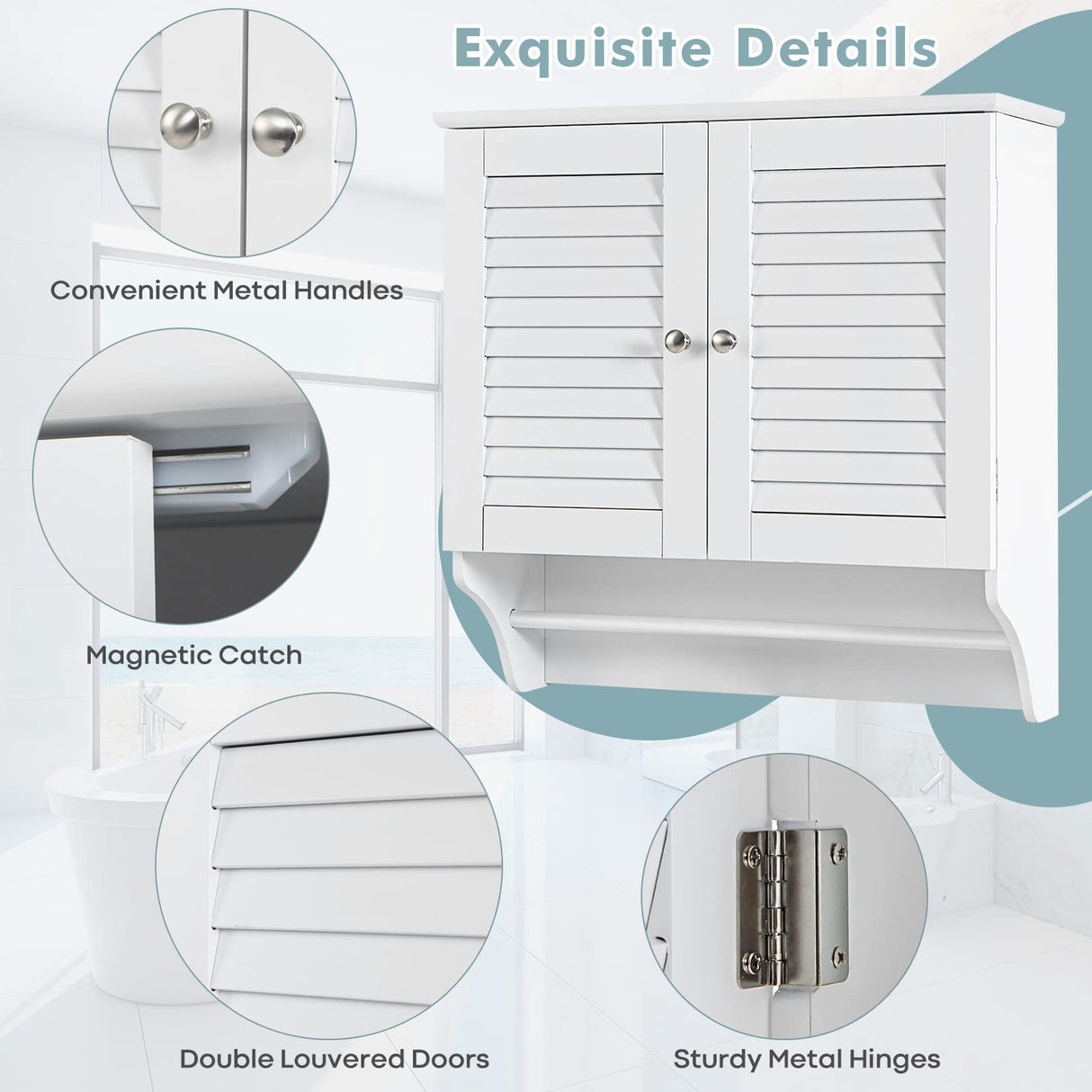 Tangkula White Wall Mounted Bathroom Storage Cabinet with Adjustable Shelves and Double Louvered Doors Tangkula